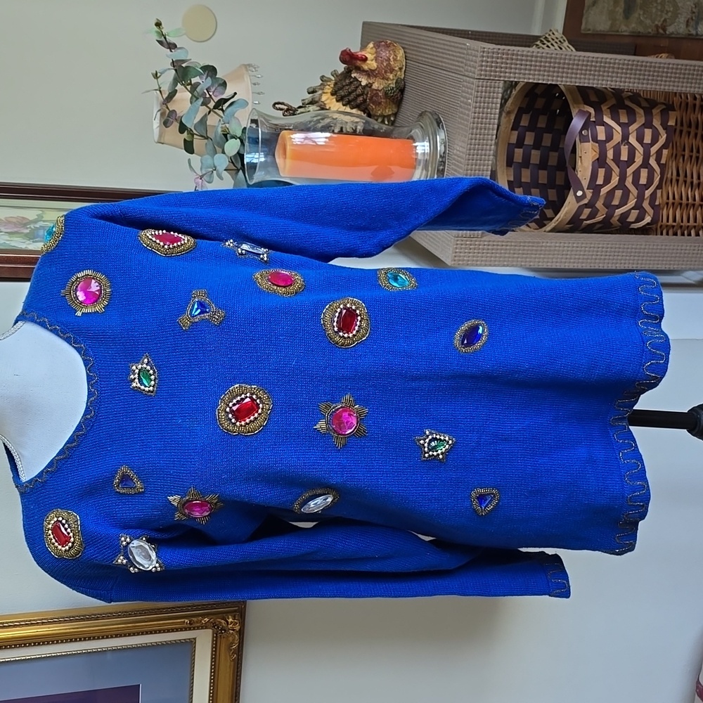 Embellished Victoria Harbour Blue Sweater with Gem Accents